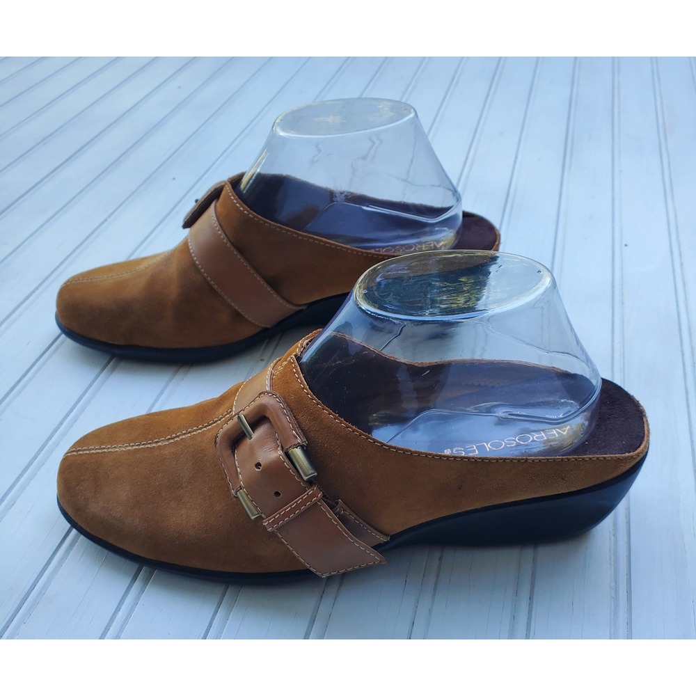 Aerosoles Morocco Tan Suede Buckle Mules Low Wedge‎ Slip On Shoes Womens 8M